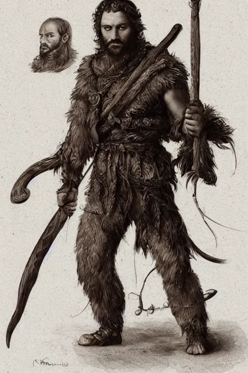 Image similar to renaissance full body portrait of a gruff ranger with a spear, lean and toned, handsome face, hairy chest and hairy body, D&D, intricate, elegant, highly detailed, digital painting, artstation, concept art, matte, sharp focus, chiaroscuro, well list, sharp detail, illustration, art by Da Vinci, Artgerm and Greg Rutkowski and Alphonse Mucha