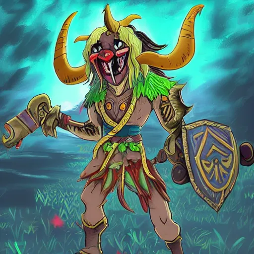 Image similar to A nightmare clown Minotaur, in the style of The Legend of Zelda: Breath of the Wild