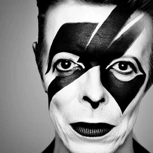 Image similar to black and white photo of david bowie with even pattern yin - yang facepaint face painted into one side white one side black, singing on top of a spaceship