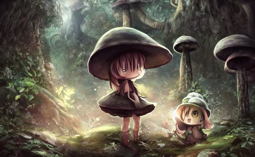 Image similar to cute little girl with an long black hair wearing an mushroom hat in the dark forest next to a sinister monster, cute artwork, clean detailed art, inspired by made in abyss, detailed background, fantastic world