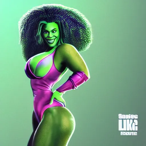 Prompt: Singer Beyoncé as She-Hulk, smiling, photorealistic drawing, sports illustrated, detailed legs, hyperreal, surreal, artstation, bokeh, tilt shift photography, photo illustration