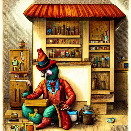 Image similar to Anthropomorphized parrot trader in his shop, selling his wares, portrait, items, magic potions, carpet, window, fancy hat, sly expression , cunning expression, cute expression, presenting wares, D&D, fantasy, cinematic lighting, highly detailed, digital painting, artstation, concept art, smooth, sharp focus, illustration, warm light, cozy warm tint, magic the gathering artwork, volumetric lighting, 8k, art by Akihiko Yoshida, Greg Rutkowski