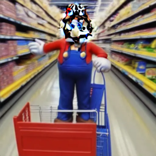 Prompt: photo of Super Mario pushing a shopping cart in Walmart