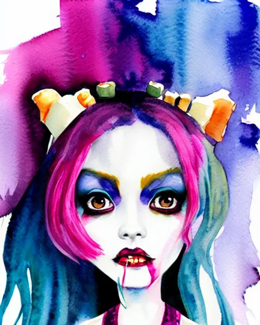 Prompt: colorful watercolor portrait of monster high draculaura doll, by sabrina eras, alice x. zhang, agnes - cecile, blanca alvarez, very detailed