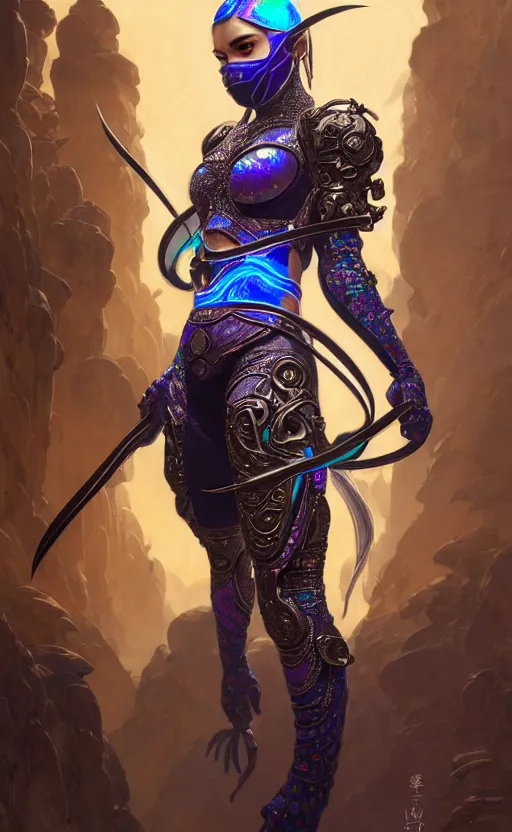 Image similar to iridescent opal cyborg ninja warrior, intricate ornate details, morandi color scheme, hd, illustration, epic, d & d, fantasy, intricate, elegant, highly detailed, wide angle, digital painting, artstation, concept art, smooth, sharp focus, illustration, wallpaper, art by artgerm and greg rutkowski and alphonse mucha and jin xiaodi