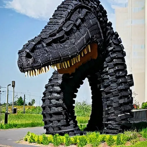 Image similar to photograph of a tyrannosaurus made of tires, recycled tire sculpture