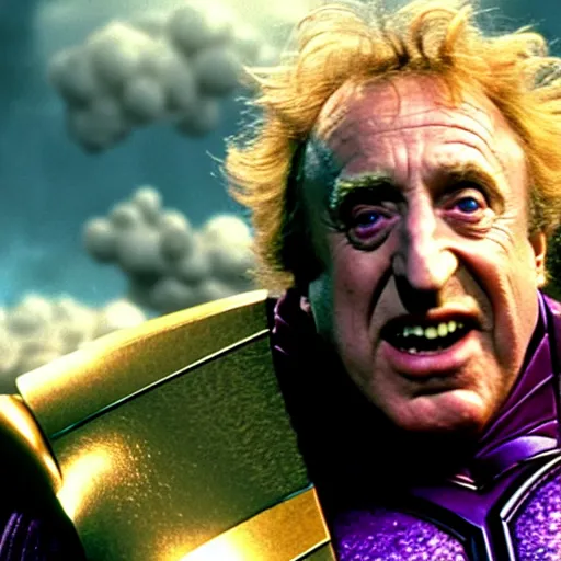 Image similar to film still, gene wilder as thanos in avengers end game, cinematic, epic action