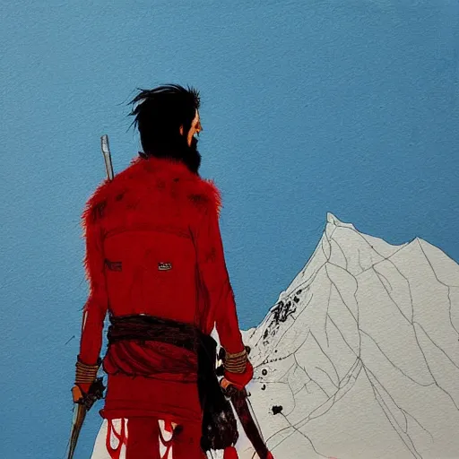 Image similar to painting of a lonesome warrior at the peak of himalayas, style of conrad roset