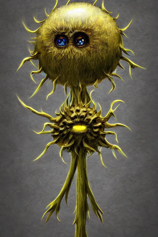 Image similar to a humanoid figure dandelion monster with large orb eyes, highly detailed, digital art, sharp focus, trending on art station, artichoke, anime art style