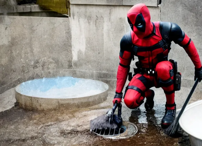 Image similar to film still of deadpool cleaning a sewer in the new dirty jobs tv series, 4 k