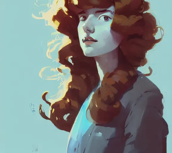 Image similar to portrait woman with long ginger curly hair, by atey ghailan, by greg rutkowski, by greg tocchini, by james gilleard, by joe fenton, by kaethe butcher, by ashley wood, dynamic lighting, gradient light blue, brown, blonde cream and white color scheme, grunge aesthetic