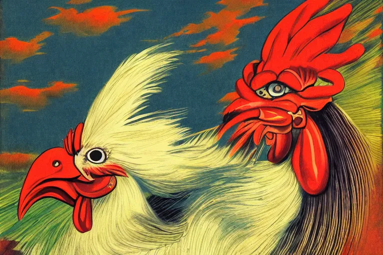 Prompt: illustration of a rooster, by karl wilhelm de hamilton and studio ghibli, lively colors, portrait, sharp focus