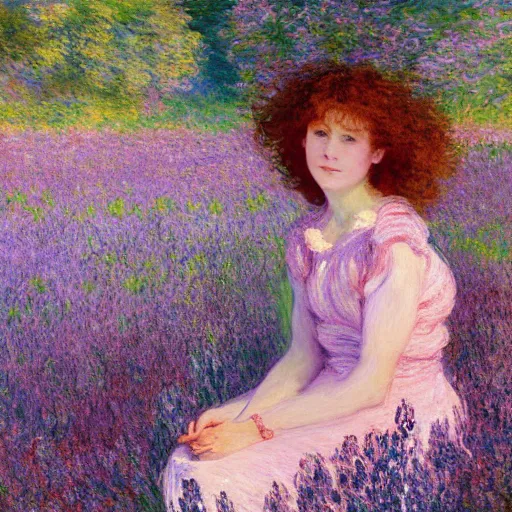 Prompt: portrait of cute girl with short curly red hair sitting in a field of lilac flowers, Monet painting of a modern girl