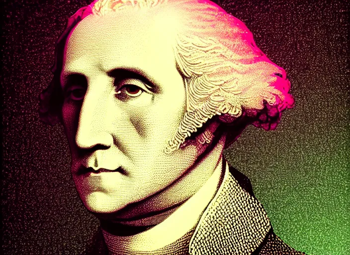 Image similar to portrait of george washington, colorful, mads berg, karolis strautniekas, christopher balaskas, stippled light, low fog, moody, fine texture, editorial illustration, dramatic lighting, dynamic composition, detailed, matte print, muted color, ( ( victo ngai ) ), wide angle ( ( sunbeams ) )