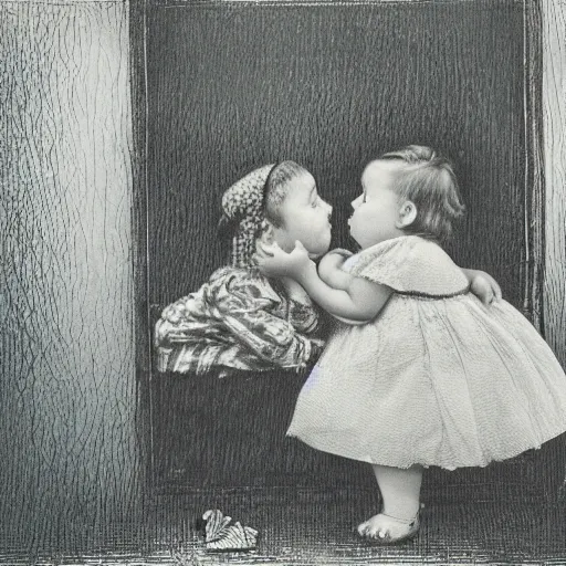 Image similar to the same style. the most beautiful little fat sweet girl is kissing a huge colorful cute fish. modern etching. colored print. hype realistic scene. old photography style. studio lighting. window