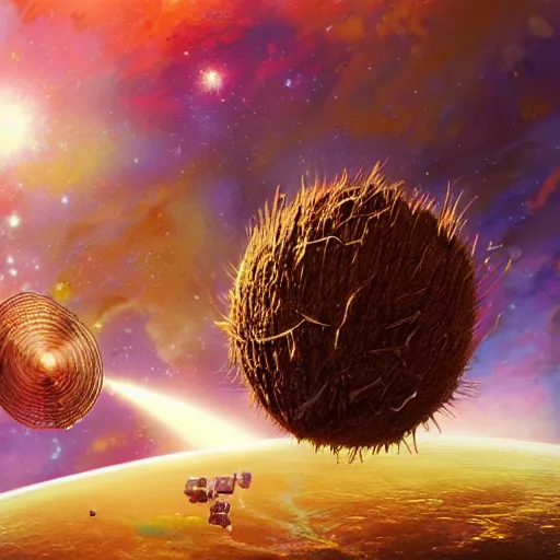 Image similar to an artist's rendering of a brown coconut satellite in space, orchids flowers galaxy, a digital rendering by carl eugen keel, john berkey, featured on cg society, space art, redshift, cinematic, octane render, back light, anamorphic lens flare, colorful, epic reimagined by industrial light and magic