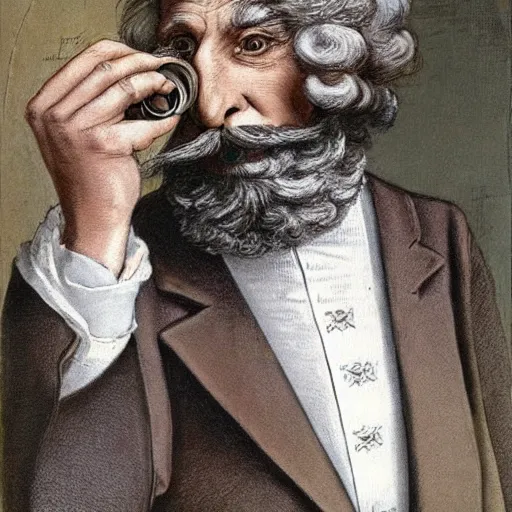 Image similar to a old man in a cream suit with smart grey hair and a beard, silver monocle, art by richard doyle