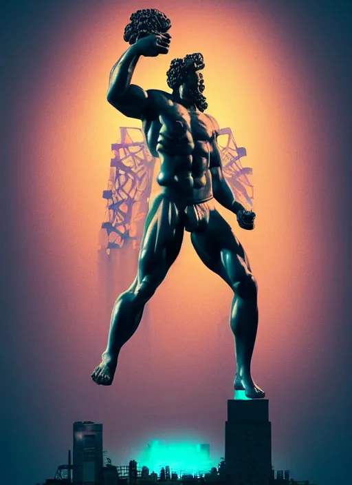 Image similar to statue of hercules, heroic, beeple, android jones, dan mumford, vaporwave, retrowave, black background, neon wiring, black, glitch, strong contrast, cuts, pinterest, trending on artstation