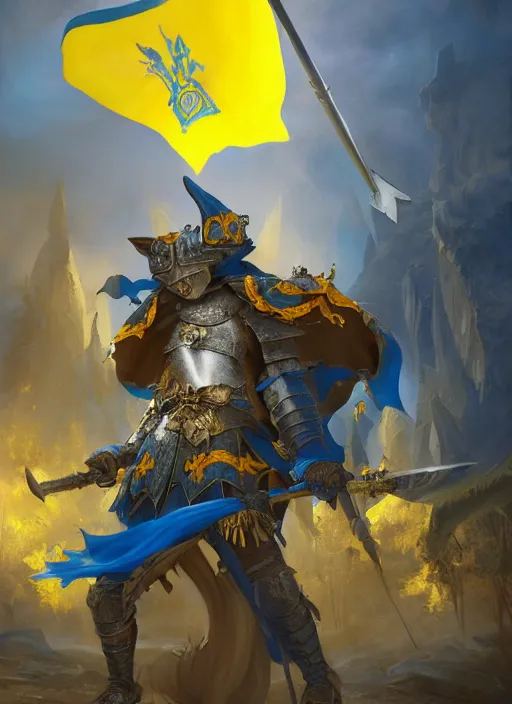 Image similar to An epic fantasy painting of a cat knight with Ukrainian blue and yellow flag, unreal engine, DAZ, hyperrealistic, octane render, cosplay, RPG portrait, dynamic lighting, trending on ArtStation