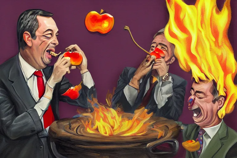 Image similar to a painting of nigel farage being spitroasted by two men over a fire with an apple in his mouth, digital art