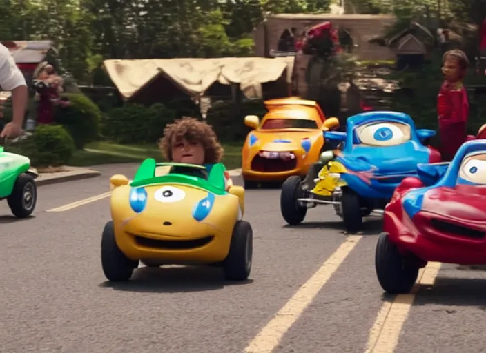 Image similar to peter dinklage racing gary coleman driving a little tikes cars, movie still, from the new fast and furious movie, 8 k, realistic