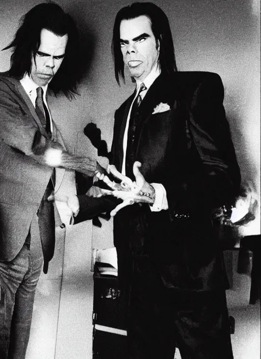 Image similar to Nick cave shaking hands with the devil