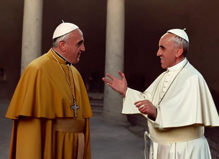 Image similar to a film still of the pope dresses in egyptian style talking to moises, in the 1 0 commandments ( 1 9 5 6 ), technicolor color