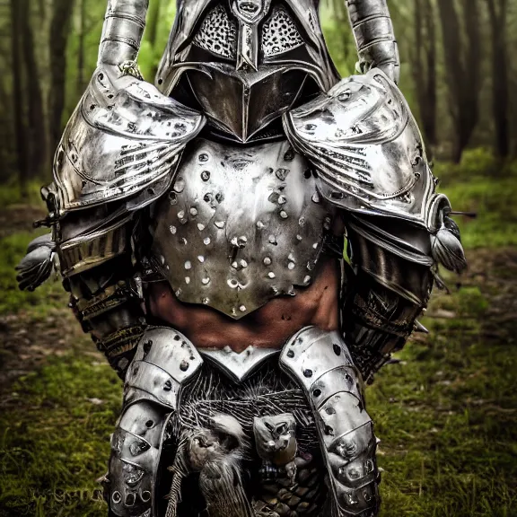 Image similar to photo of a warrior with metal owl theme armour, 4 k, hdr, smooth, sharp focus, high resolution, award - winning photo