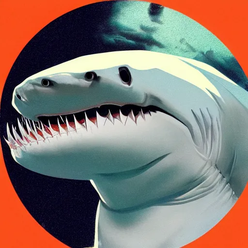 Prompt: great white shark, side view, with a conical orange traffic cone instead of a fin - ron cheng & alphonse mucha, highly detailed, digital painting, ray tracing, concept art, illustration, smooth sharp focus, intricate, symmetry, artstation,