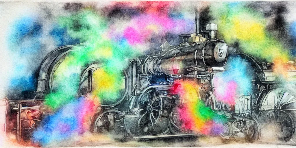 Image similar to Hissing bellows of colorful steam from the strange machine in the busy workshop. Black ink line drawing over a watercolor. Ethereal colors. 4K.