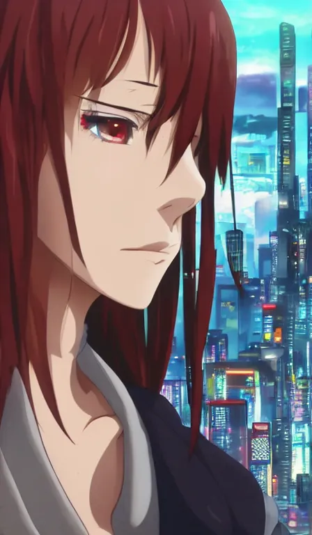 Image similar to anime fine details portrait of Revy in front of cyberpunk moder city landscape on the background deep bokeh, close-up view, anime masterpiece by Studio Ufotable. 8k, sharp high quality anime, artstation