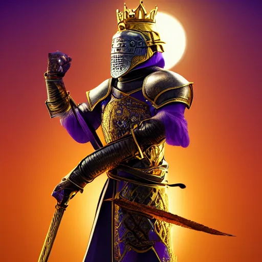 Image similar to a highly detailed knight with glowing purple eyes in a T golden helmet and a golden crown with a blue diamond in the center, golden armor, leather clothes under the armor, leather gloves, holds a black sword, artstation, DeviantArt, professional, octane render, sunset lighting