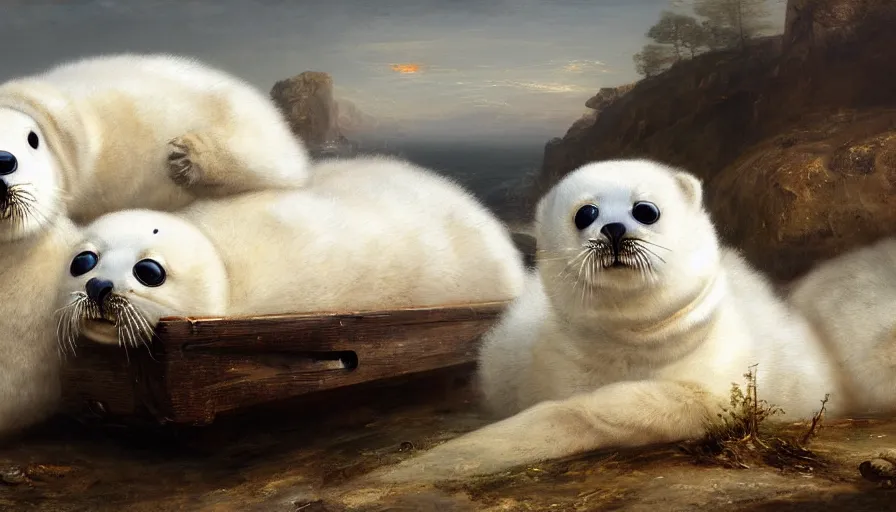 Image similar to highly detailed painting of cute furry white baby seals on an out of control car by william turner, by greg rutkowski, by william constable, thick brush strokes and visible paint layers, 4 k resolution