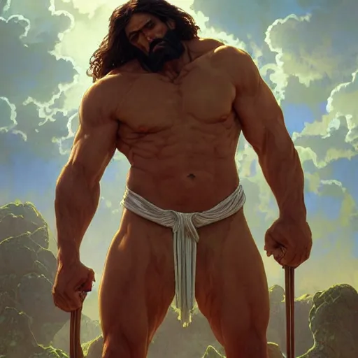 Prompt: hulking herculean ogre jesus christ crucified on the cross, masterpiece, intricate, elegant, highly detailed, digital painting, artstation, concept art, smooth, sharp focus, illustration, art by artgerm and greg rutkowski and alphonse mucha and uang guangjian and gil elvgren and sachin teng, symmetry!!