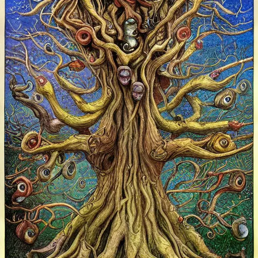 Image similar to a painting of a tree with many faces, poster art by brian and wendy froud, trending on artstation, fantasy art, lovecraftian, fractalism, poster art