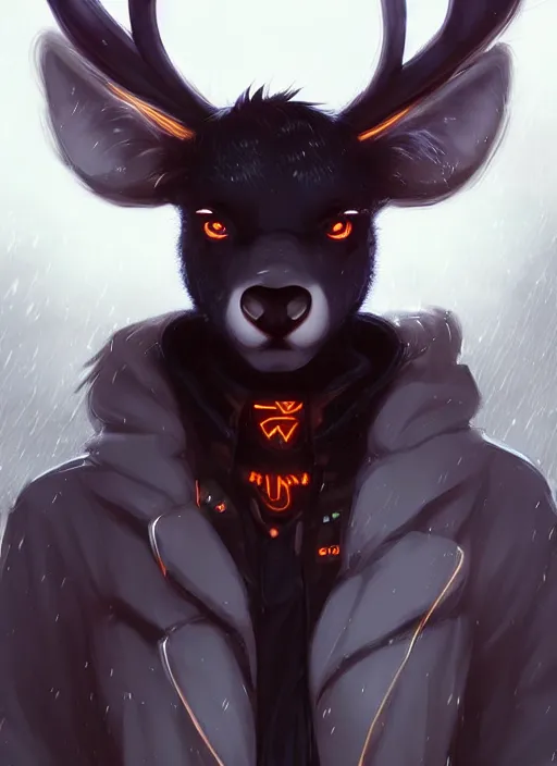 Image similar to award winning beautiful portrait commission of a male furry anthro Black Reindeer fursona with a tail, wings and a cute beautiful attractive detailed furry face wearing stylish black and orange cyberpunk clothes in a cyberpunk city at night while it rains. Character design by charlie bowater, ross tran, artgerm, and makoto shinkai, detailed, inked, western comic book art