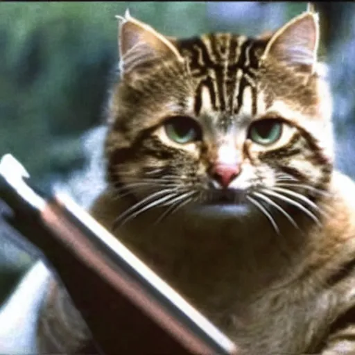 Image similar to A still of Garfield the cat in Rambo First Blood (1982)