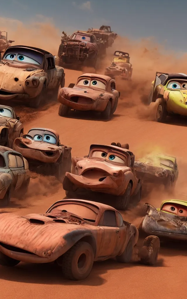 Image similar to pixar cars racing fast in the world of mad max fury road. pixar eyes. 4 k ultra detailed