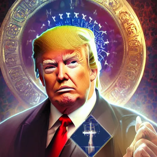 Image similar to Three quarters portrait of Donald Trump as a Wizard casting a spell, highly detailed, digital painting, art by Stanley Lau and Artgerm and magali villeneuve and Alphonse Mucha, artstation, octane render, cgsociety