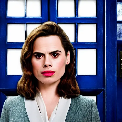 Prompt: a beautiful full body photograph of hayley atwell as the doctor from doctor who posing in front of the tardis, symmetrical face, extreme realism and detail, 8 k, completely framed, direct lighting, 3 5 mm photo, photorealistic, sharp focus