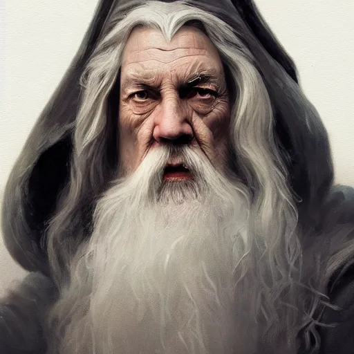 Prompt: a closeup portrait of gandalf, dramatic lighting, chiaroscuro, high detail, painted by greg rutkowski, painted by igor kieryluk, painted by bobby chiu, trending on artstation