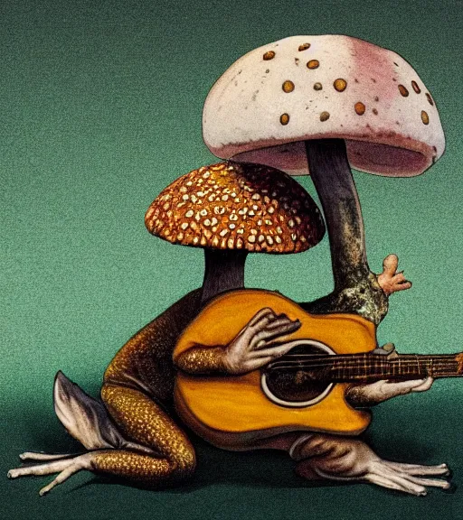 Image similar to a toad on a mushroom playing guitar