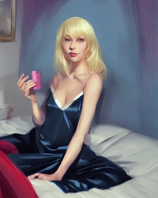 Image similar to gwen stacy wearing a satin nightgown, laying in bed, attractive, casual, digital painting, artstation, concept art, smooth, sharp focus, illustration, art by artgerm and greg rutkowski and sakimichan