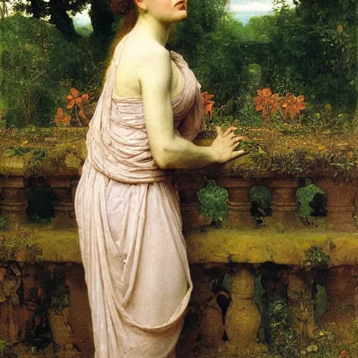 Image similar to a renaissance oil painting by alma tadema of a woman turned back on a stone balcony covered in moss with over shoulder view on a jungle, colourful pastel, detailed academic bouguereau, sharp focus