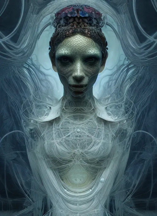 Image similar to highly detailed surreal vfx eldritch avante garde portrait of a 3 d non - euclidean hyperdimensional communications network, hyperrealistic, octane render, chiaroscuro, inspired by james jean, android jones, gerard brom, denis villeneuve, johannen voss, alphonse mucha, frostbite 3 engine