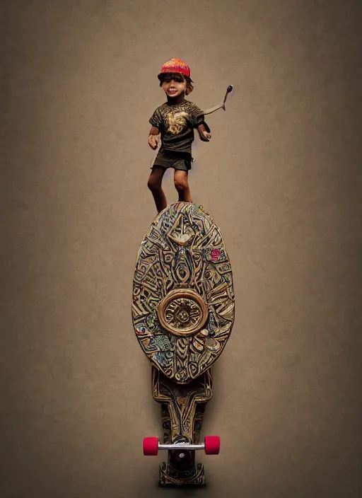 Image similar to a photo - real delicate sculpture of an ornate detailed skateboard boy in front of a intricate background by aj fosik, micro detail, backlit lighting, octane renderer, colorful, physically based rendering, tribal art, trending on cgsociety