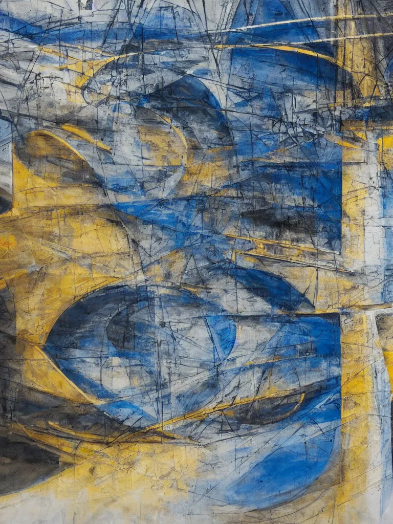 Image similar to a beautiful painting under a bridge by the architect zvi hecker, structural concrete, rough charcoal painting, blue and gold highlights