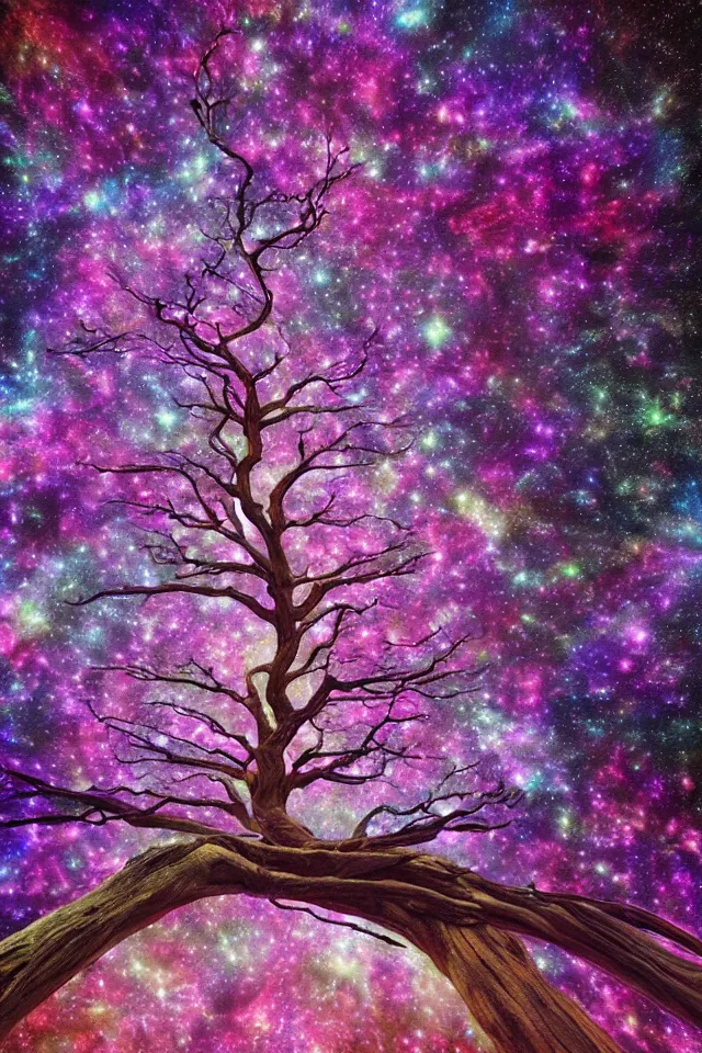 Prompt: fractal tree in deep space in style of Dean Roger, massive wide trunk, the tree looks like sakura, hyper realism, contrast picture