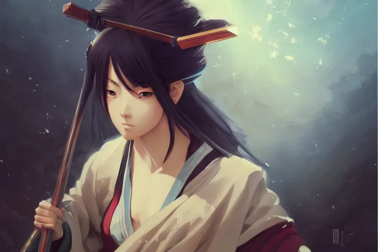 Image similar to baroque oil painting of anime key visual concept art of a samurai girl, very anime, stars vackground, trending on artstation, oil on canvas, style of makoto shinkai greg rutkowski studio ghibli