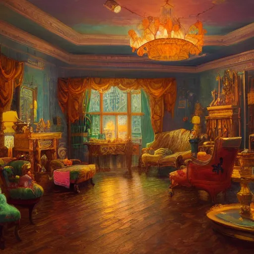 Prompt: a fancy oil painting of a room filled with riches, science fiction, colorful palette, very detailed, trending on artstationhd, masterpiece, thomas kinkade, beautiful, royal, golden, cinematic, 8 k